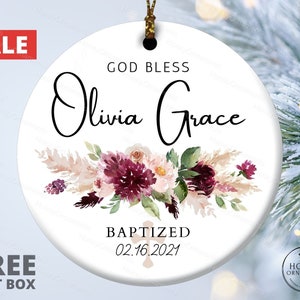 God Bless Baptized Ornament, Personalized Baptism Ornament, Custom Name / Date Christened Keepsake, Flower Christening Ceramic Ornament