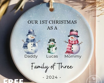 Family of Three Ornament, Family of 3 Ornament, Baby Name Ornament, Baby First Gift, Snowman Family Ornament, Personalized New Baby Ornament
