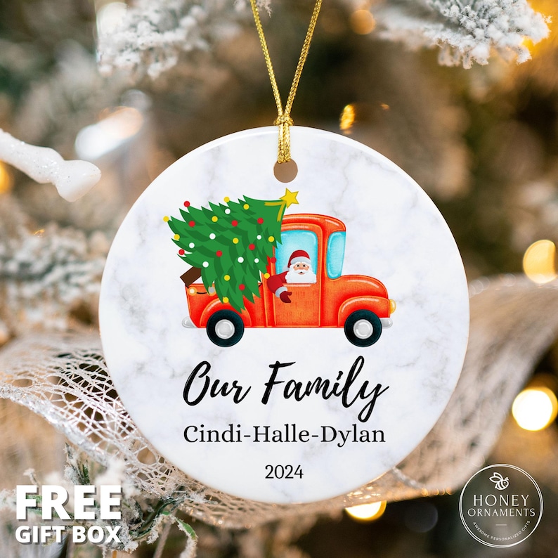 Personalized Family Christmas Ornament, Custom Name Ornament - 2024 Holiday Keepsake - Family Tree Décor, Santa Truck Ornament for Christmas