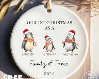 Family of Three Christmas Ornament - Personalized Baby&#39;s First Christmas Ornament, Christmas New Baby Boy - Family of 3 - Penguin Family