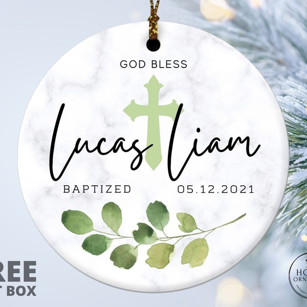 Personalized Baptism Ornament, Baptism Gift from Godmother, God Bless Christening Ornament, Custom Green Baptized Ceramic Keepsake