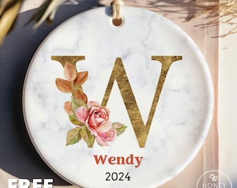 Personalized Family Name Ornament Monogram Christmas Ornament Letter Name Ornament Custom Initial Ornament Boho Roses Alphabet Keepsake