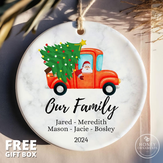 Personalized Family Christmas Ornament, Custom Name Ornament - 2025 Holiday Keepsake - Family Tree Décor, Santa Truck Ornament for Christmas