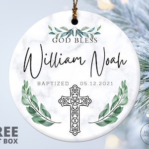 God Bless Christening Ornament, Personalized Baptism Ornament, Custom Name Date Christened Keepsake, Godchild Gift, Ceramic Ornament