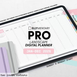 Puede incluir: Un planificador digital con un tema de color pastel, con un diseño horizontal. El planificador incluye calendarios mensuales, semanales y diarios, con fecha de 2026. Ofrece una elección de dos colores de portada y páginas blancas. El texto dice "Ellymentary Pro Landscape Digital Planner".