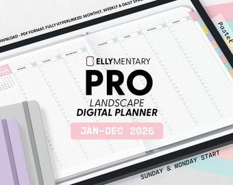2026 Ellymentary PRO Landscape Digital Planner – Dated iPad PDF | Daily Weekly Monthly | Goodnotes Hyperlinked Sun/Mon start | Pastel tabs