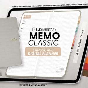 May include: A digital planner displayed on a tablet, with a physical planner to the left. The digital planner has a cream and white color scheme, with the text "ELLYMENTARY MEMO CLASSIC LANDSCAPE DIGITAL PLANNER". The physical planner is light gray and has "2026" on the cover.