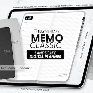 May include: A digital planner with a black cover and a white cover, both labeled "2026." The planner is open, displaying a grid layout with the text "Ellymentary Memo Classic Landscape Digital Planner." The image also includes the text "Choice of two cover colours."