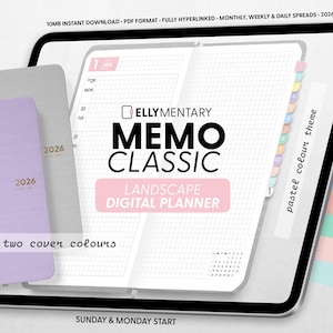 May include: A digital planner on a tablet with the text "ELLYMENTARY MEMO CLASSIC LANDSCAPE DIGITAL PLANNER". The image shows a choice of two cover colors, pastel color theme, and white pages. The planner is dated 2026.
