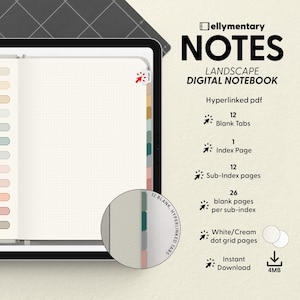 ELLYMENTARY NOTES デジタル ハイパーリンク ノートブック、GoodNotes pdf 日付なし、空白タブ、12 のメイン セクション、セクションあたり 26 のサブページ、ドット グリッド ページ