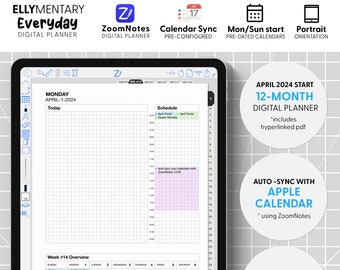 ELLYMENTARY EVERYDAY April 2024 Start, 12-month ZoomNotes Calendar Sync Digital Planner, hyperlinked month, weeks and days
