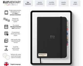 ELLYMENTARY PORTRAIT Jan-Dec 2024 iPad mini digital pdf planner, rainbow numerical tabs, fully hyperlinked, minimalist days weeks & months,