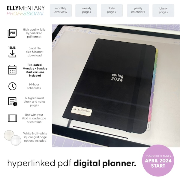 ELLYMENTARY PROFESSIONAL SPRING Apr 2024-Mar 2025 digital pdf planner, pastel tabs, fully hyperlinked, minimalist days weeks & months