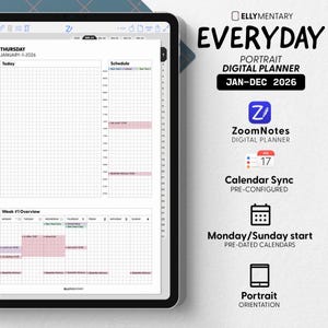 Puede incluir: Un planificador digital en una tableta, con un horario y calendario. El planificador incluye el texto "EVERYDAY PORTRAIT DIGITAL PLANNER JAN-DEC 2026" e iconos para ZoomNotes, sincronización de calendario e inicio lunes/domingo.