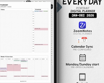 ELLYMENTARY EVERYDAY JAN 2026 start, 12-month ZoomNotes Calendar Sync Digital Planner, hyperlinked month, weeks and days, portrait