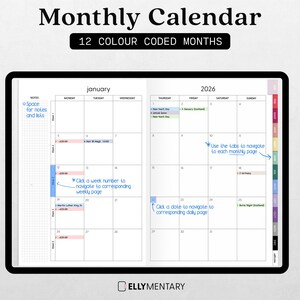 May include: Digital monthly calendar for 2026, featuring 12 color-coded months. The calendar includes space for notes and lists, with tabs for navigation. Text on the calendar includes "January" and instructions to click to navigate to weekly and daily pages.