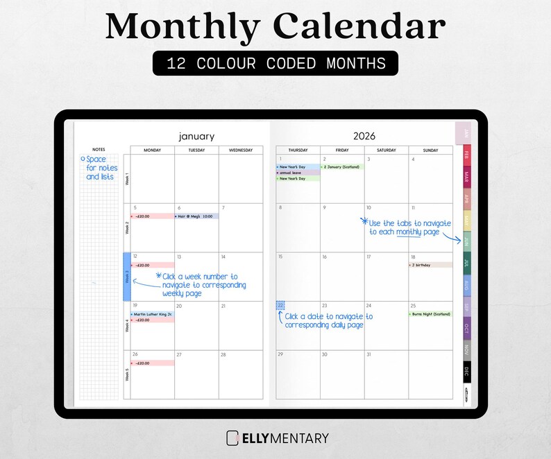 May include: Digital monthly calendar for 2026, featuring 12 color-coded months. The calendar includes space for notes and lists, with tabs for navigation. Text on the calendar includes "January" and instructions to click to navigate to weekly and daily pages.