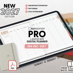 May include: A digital landscape planner for 2027 displayed on a tablet screen, featuring a weekly grid layout with columns for days of the week. The planner includes text reading Ellymentary Pro Landscape Digital Planner Jan-Dec 2027.