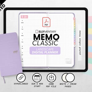 May include: A 2027 dated digital planner displayed on a tablet screen, featuring a landscape grid layout with a pastel colour theme. A lavender physical planner cover is shown to the left. The interface includes a PDF icon, monthly tabs, and icons for hyperlinked pages, Sunday and Monday start options, a 10MB file size, and white or cream page choices.