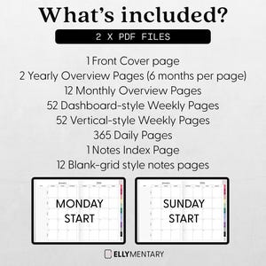 May include: Digital planner contents are listed, including front cover, yearly and monthly overviews, weekly and daily pages, and notes pages. Two calendar layouts are shown, one starting Monday and the other Sunday. The text "What's included?" is at the top.
