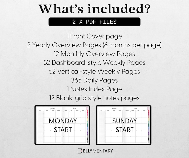 May include: Digital planner contents are listed, including front cover, yearly and monthly overviews, weekly and daily pages, and notes pages. Two calendar layouts are shown, one starting Monday and the other Sunday. The text "What's included?" is at the top.