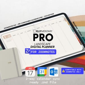 Puede incluir: Un planificador digital en una tableta con el texto "ELLYMENTARY PRO LANDSCAPE DIGITAL PLANNER" y "FOR ZOOMNOTES". Un cuaderno físico con la etiqueta "2026" está al lado de la tableta. La imagen también incluye iconos de calendario y el texto "2-way calendar sync ready .znd file".