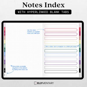 May include: Digital planner with the text "Notes Index" and "WITH HYPERLINKED BLANK TABS." The planner features color-coded tabs and grid pages. Instructions are included to organize notes and navigate to blank pages.