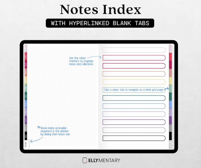 May include: Digital planner with the text "Notes Index" and "WITH HYPERLINKED BLANK TABS." The planner features color-coded tabs and grid pages. Instructions are included to organize notes and navigate to blank pages.