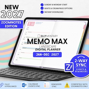 May include: A digital planner displayed on a tablet with a keyboard, featuring the text NEW 2027 ZOOMNOTES EDITION, ELLYMENTARY MEMO MAX LANDSCAPE DIGITAL PLANNER JAN-DEC 2027, and 2-WAY SYNC EVENTS & REMINDERS. The screen shows a weekly calendar grid.