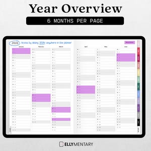 May include: Digital planner with a year overview for 2026, displaying 6 months per page. The planner features a black border, with text at the top reading "Year Overview" and "6 Months Per Page". The planner includes a color-coded tab system.