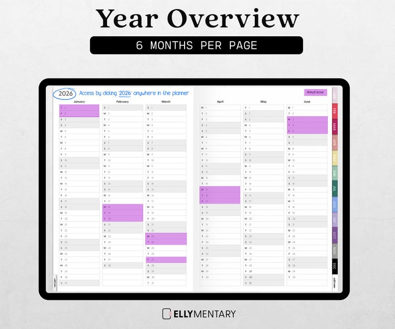 May include: Digital planner with a year overview for 2026, displaying 6 months per page. The planner features a black border, with text at the top reading "Year Overview" and "6 Months Per Page". The planner includes a color-coded tab system.