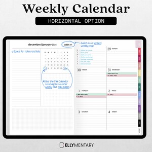 May include: A digital weekly calendar with a black border, displaying the months of December 2026 and January 2026. The calendar includes space for notes and lists, with a mini calendar for navigation. The text "Weekly Calendar" and "HORIZONTAL OPTION" are at the top.