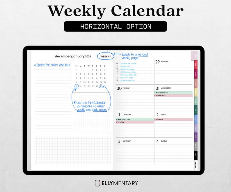 May include: A digital weekly calendar with a black border, displaying the months of December 2026 and January 2026. The calendar includes space for notes and lists, with a mini calendar for navigation. The text "Weekly Calendar" and "HORIZONTAL OPTION" are at the top.