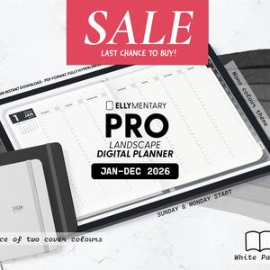 May include: A digital landscape planner displayed on a tablet screen with the text ELLYMENTARY PRO LANDSCAPE DIGITAL PLANNER JAN-DEC 2026. The planner features a grid layout with Sunday and Monday start options, white pages, and a mono color theme.