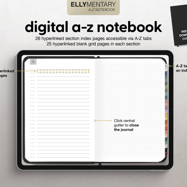 ELLYMENTARY A-Z digitaal notitieboekje, receptenboek, 26 secties, a-z-tabbladen, 650 blanco rasterpagina's met hyperlinks, realistische esthetiek