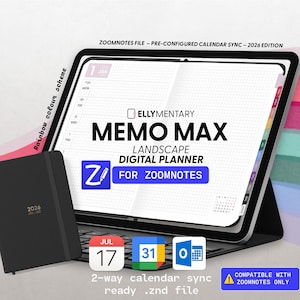 Puede incluir: Un planificador digital en una tableta con el texto "MEMO MAX LANDSCAPE DIGITAL PLANNER FOR ZOOMNOTES." Un cuaderno negro con la etiqueta "2026" está al lado de la tableta. La imagen incluye el texto "2-way calendar sync ready .znd file."