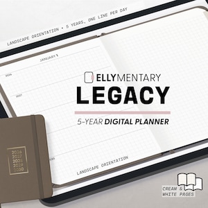 May include: A digital planner with the text "Ellymentary Legacy 5-Year Digital Planner." The planner is open to a grid-lined page, with a smaller, closed planner to the left. The cover of the smaller planner has the years 2026-2030.