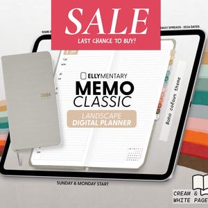 May include: A digital planner displayed on a tablet screen, featuring the text ELLYMENTARY MEMO CLASSIC LANDSCAPE DIGITAL PLANNER. A small grey notebook with 2026 printed on the cover is shown. The screen displays a grid layout with tabs.