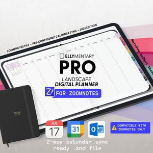 May include: A digital planner with the text "ELLYMENTARY PRO LANDSCAPE DIGITAL PLANNER" and "FOR ZOOMNOTES." The image includes a black notebook labeled "2026" and icons for calendar dates and Microsoft Outlook. The planner has a rainbow color theme.