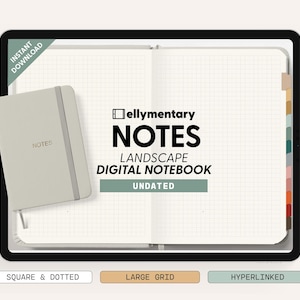 Könnte beinhalten: Ein digitales Notizbuch auf einem Tablet, mit dem Text "Dellymentary NOTES LANDSCAPE DIGITAL NOTEBOOK UNDATED." Ein hellgraues Notizbuch mit "NOTES" befindet sich links. Das Notizbuch hat ein Rastermuster. Das Bild enthält auch den Text "SQUARE & DOTTED", "LARGE GRID" und "HYPERLINKED".