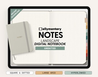Może przedstawiać: Cyfrowy notatnik wyświetlany na tablecie z tekstem "Dellymentary NOTES LANDSCAPE DIGITAL NOTEBOOK UNDATED." Jasnoszary notatnik z napisem "NOTES" znajduje się po lewej stronie. Notatnik ma wzór kratki. Obraz zawiera również tekst "SQUARE & DOTTED", "LARGE GRID" i "HYPERLINKED".