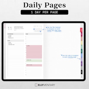 May include: Digital planner with the text "Daily Pages" and "1 DAY PER PAGE". The planner shows a daily layout with sections for top priorities, to-do lists, and a schedule. It includes a mini calendar and tabs for navigation.