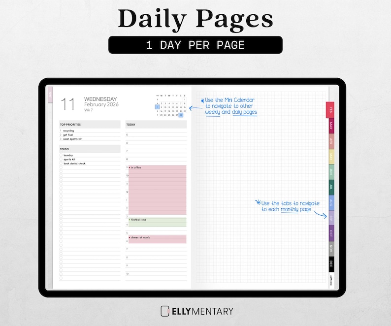 May include: Digital planner with the text "Daily Pages" and "1 DAY PER PAGE". The planner shows a daily layout with sections for top priorities, to-do lists, and a schedule. It includes a mini calendar and tabs for navigation.