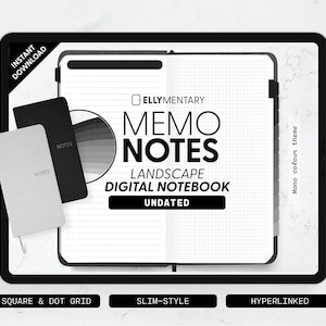 Könnte beinhalten: Digitales Notizbuch mit dem Text "MEMO NOTES" und "LANDSCAPE DIGITAL NOTEBOOK". Das Bild zeigt ein schwarzes Tablet mit einem digitalen Notizbuch, das auf einer Rasterseite geöffnet ist. Zwei kleine Notizbücher befinden sich links, eines schwarz und eines weiß. Der Text "INSTANT DOWNLOAD" befindet sich oben links.