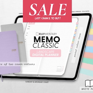 Puede incluir: Una agenda digital mostrada en la pantalla de una tableta con diseño de cuadrícula, con el texto ELLYMENTARY MEMO CLASSIC LANDSCAPE DIGITAL PLANNER. Se muestran dos portadas físicas de agenda en lavanda y gris, ambas marcadas 2026.