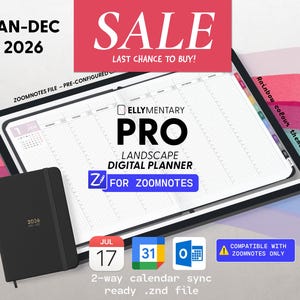 May include: A digital planner for ZoomNotes displayed on a tablet screen, featuring a landscape layout with a grid calendar for January to December 2026. The planner includes a rainbow color theme, 2-way calendar sync, and a black physical notebook.