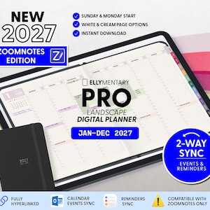 May include: A 2027 landscape digital planner for ZoomNotes featuring a weekly grid layout, hyperlinked tabs, and 2-way sync for events and reminders. The planner includes white and cream page options, a Sunday or Monday start, and a black cover.