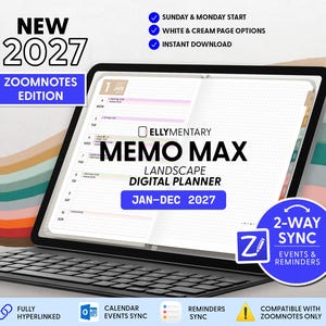 May include: A 2027 landscape digital planner titled Memo Max by Ellymentary displayed on a tablet. The screen shows a weekly calendar grid with January dates. Features include 2-way sync, hyperlinked pages, and Zoomnotes compatibility.