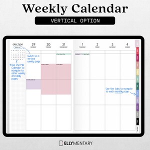 May include: Digital weekly calendar with a black border, featuring a vertical layout. The calendar displays dates from December/January, with sections for each day of the week. Includes instructions for navigation and monthly tabs.