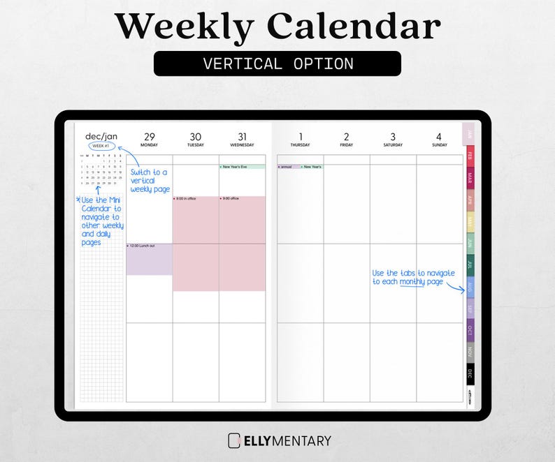 May include: Digital weekly calendar with a black border, featuring a vertical layout. The calendar displays dates from December/January, with sections for each day of the week. Includes instructions for navigation and monthly tabs.